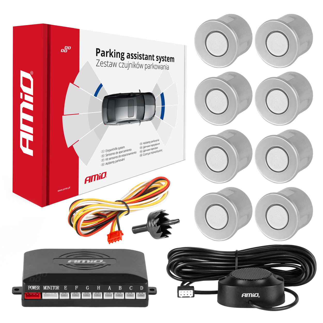 Parkovací asistent so zvukovým signalizátorom/bzučiak 8-senzorové strieborné