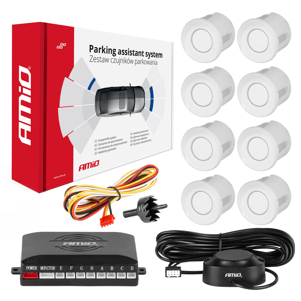 Parkovací asistent so zvukovým signalizátorom 8-senzorové biele